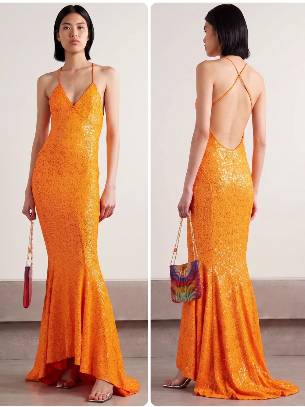Norma Kamali Neon Orange Sequin Mermaid Fishtail Slip Gown Maxi Dress NWT $595